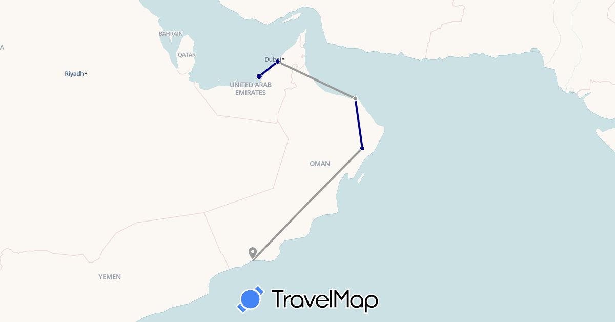 TravelMap itinerary: driving, plane in United Arab Emirates, Oman (Asia)